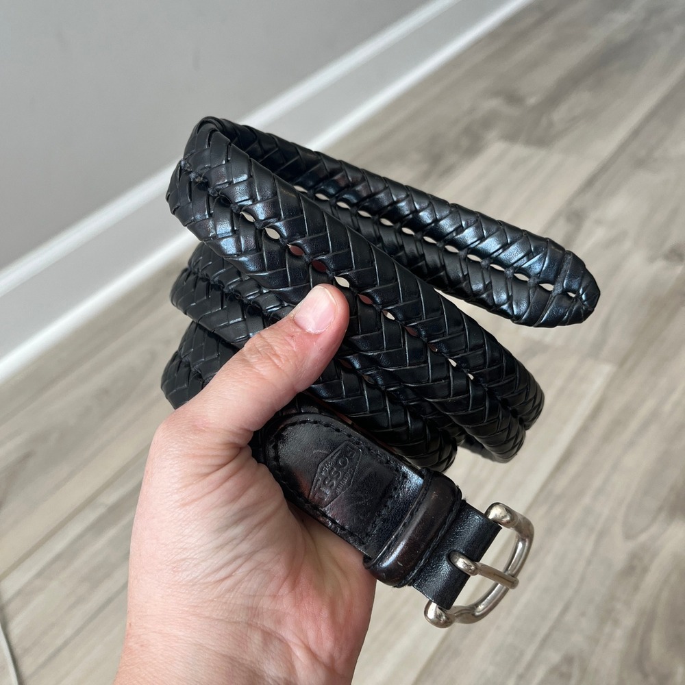 Fossil Braided Woven Leather Belt Classic Black 36 Solid Brass Buckle
